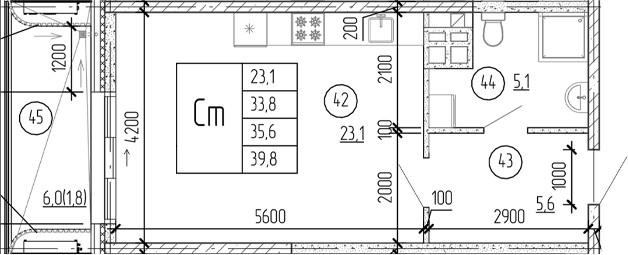 Студия, 33.8 м²