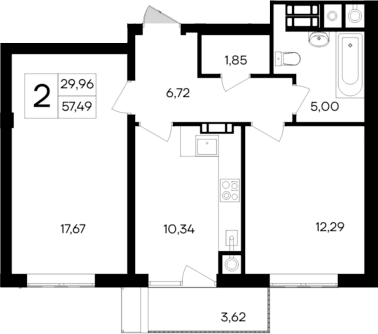 2-комн., 53.87 м²
