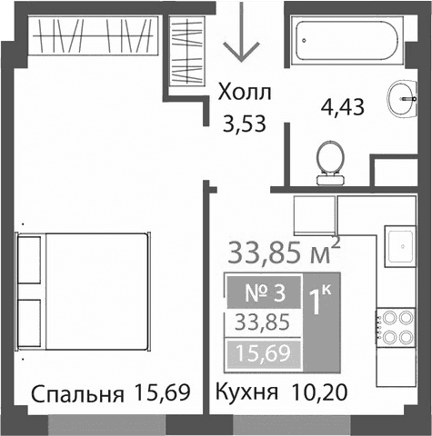 1-комн., 33.85 м²