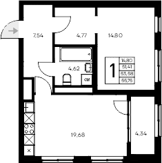 1-комн., 51.41 м²