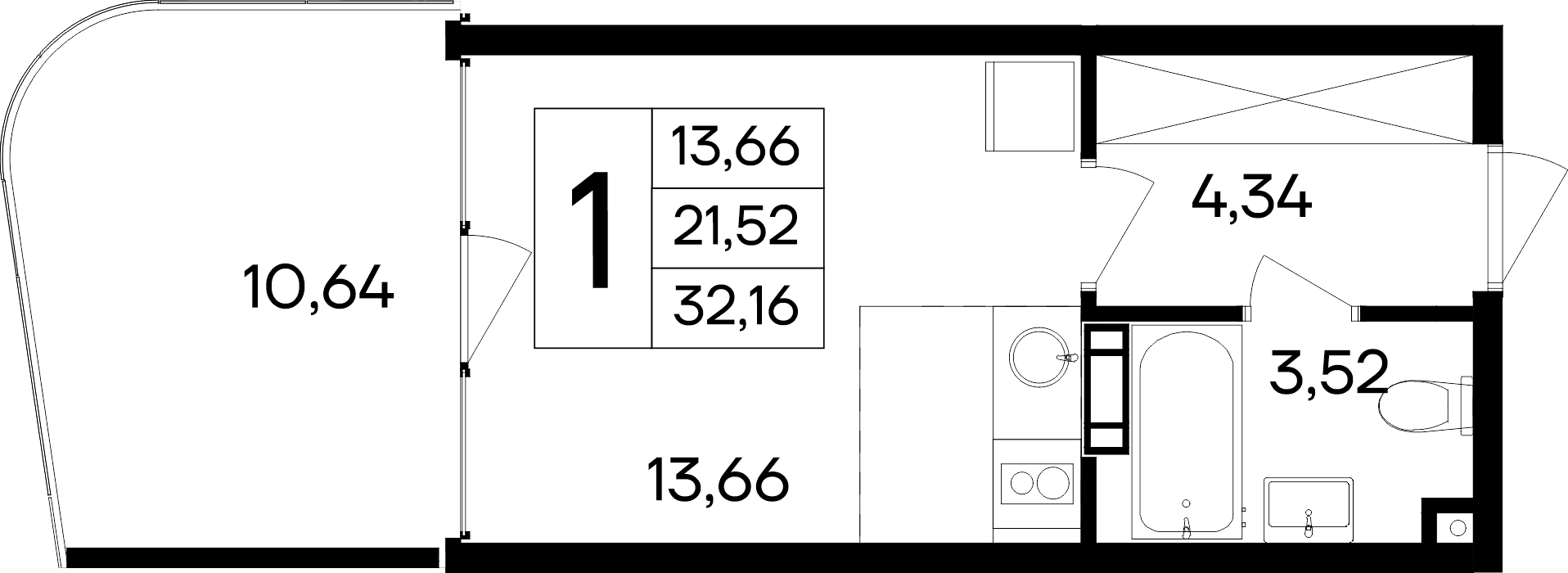 Студия, 21.52 м²