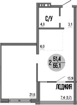 2-комн., 51.4 м²