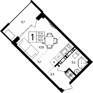 Студия, 22.8 м²