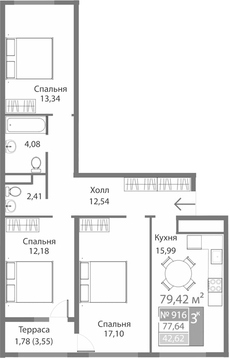 3-комн., 77.64 м²