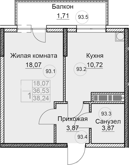 1-комн., 36.53 м²