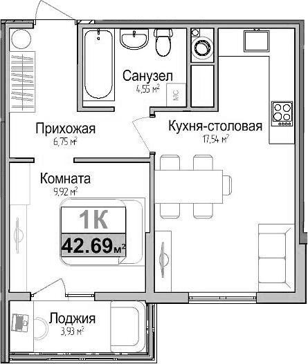 1-комн., 38.76 м²