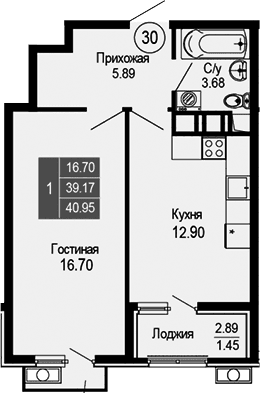 1-комн., 39.17 м²