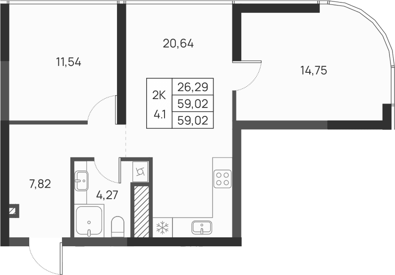 2-комн., 59.02 м²