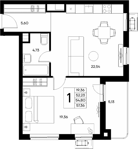 1-комн., 52.23 м²