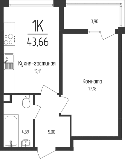 1-комн., 41.71 м²