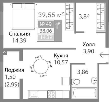 1-комн., 36.56 м²