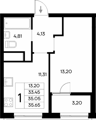 1-комн., 33.45 м²