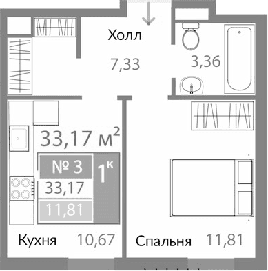 1-комн., 33.17 м²
