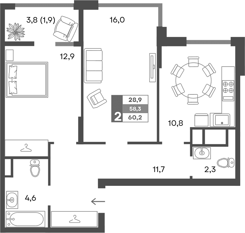 2-комн., 58.3 м²