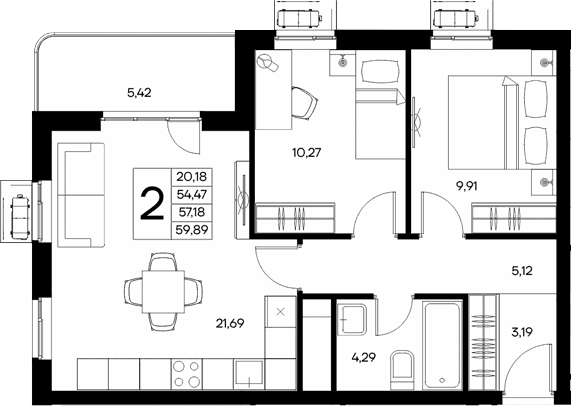 2-комн., 54.47 м²