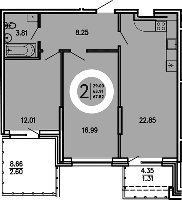 2-комн., 63.91 м²