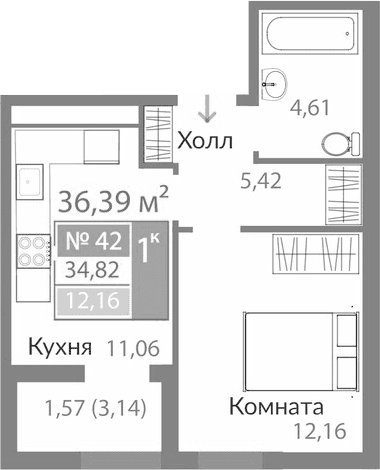 1-комн., 33.25 м²