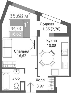 1-комн., 34.33 м²