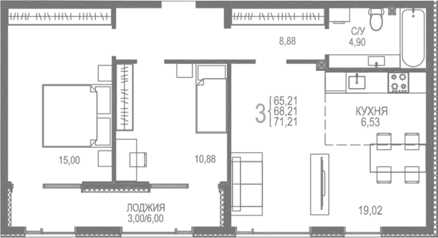 2-комн., 68.21 м²
