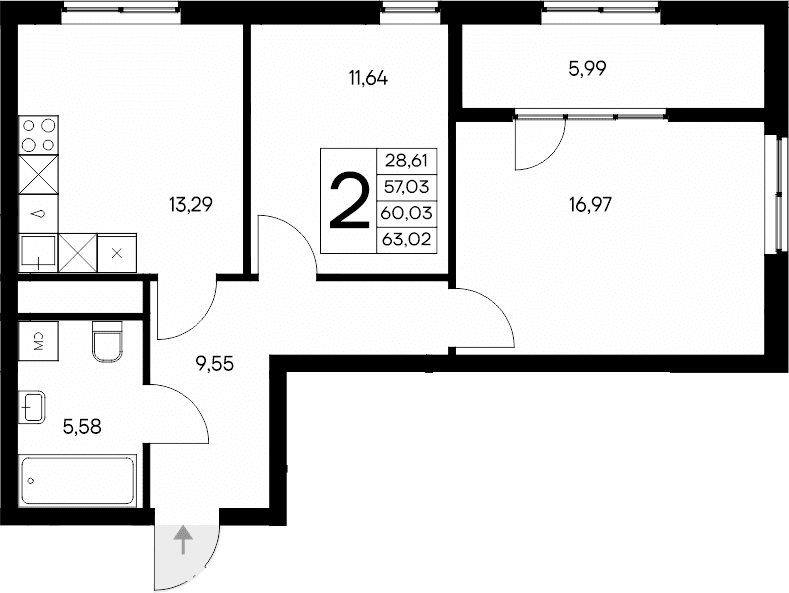 2-комн., 57.03 м²