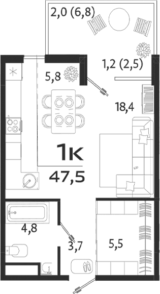 Студия, 38.2 м²