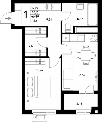 1-комн., 45.16 м²