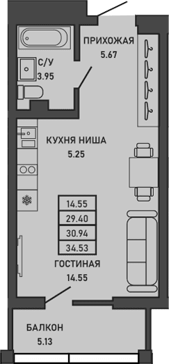 Студия, 29.4 м²