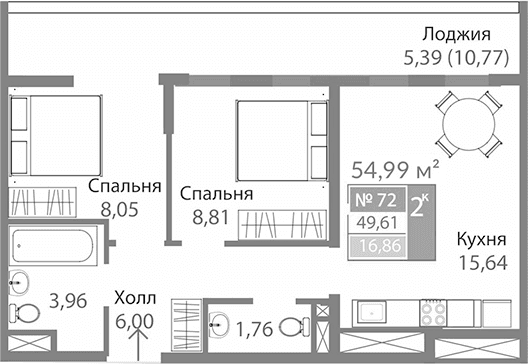 2-комн., 44.22 м²