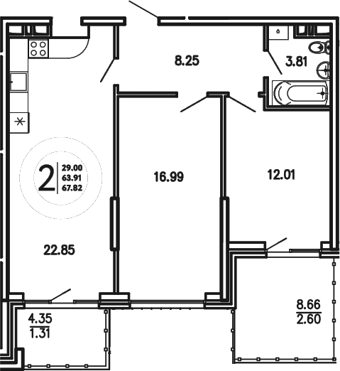 2-комн., 63.91 м²