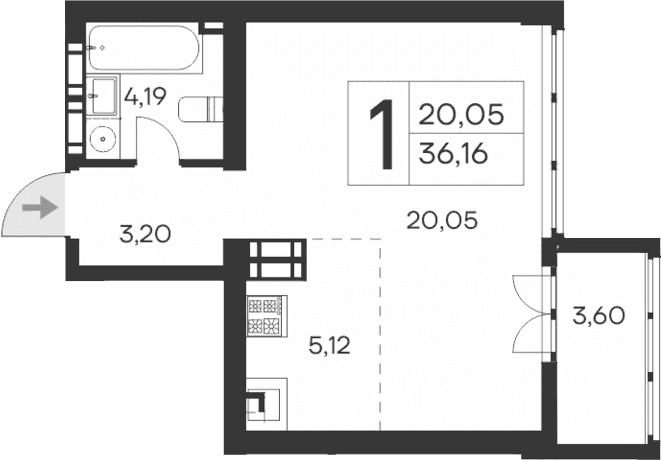 Студия, 32.56 м²