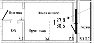 Студия, 27.8 м²