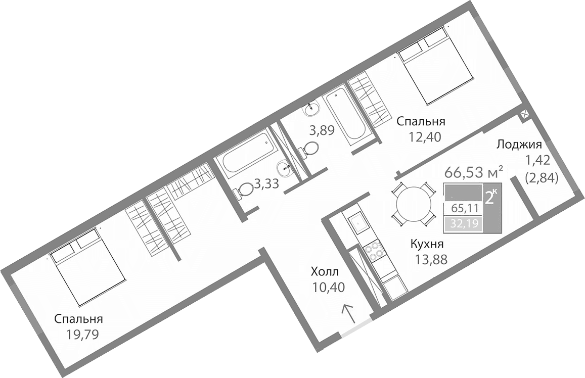 2-комн., 63.69 м²