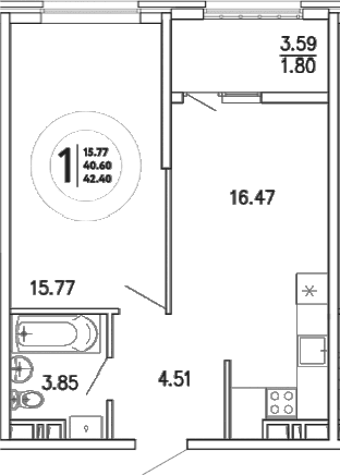1-комн., 40.6 м²