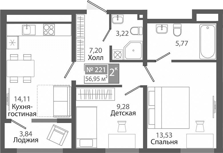 2-комн., 53.11 м²