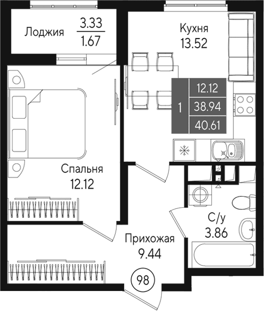 1-комн., 38.93 м²