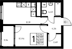 1-комн., 34.53 м²