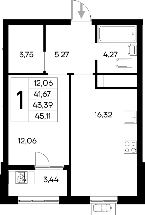1-комн., 41.67 м²