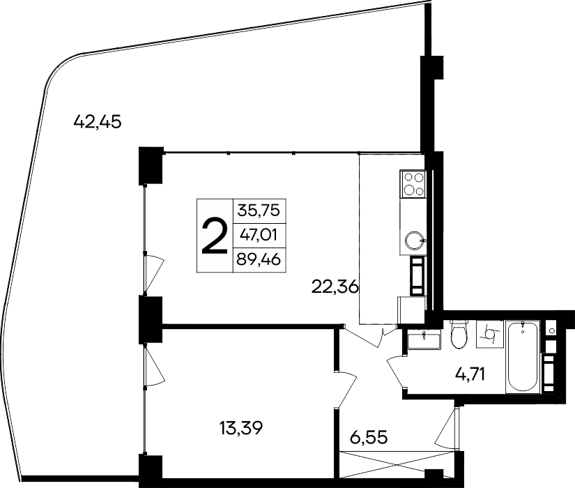 1-комн., 47.01 м²