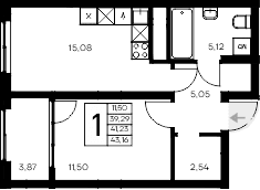 1-комн., 39.29 м²