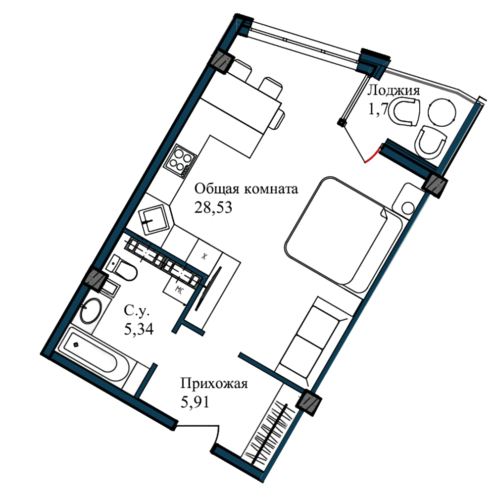 Студия, 41.1 м²