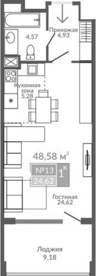 Студия, 39.4 м²