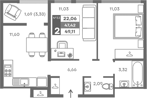 2-комн., 45.73 м²