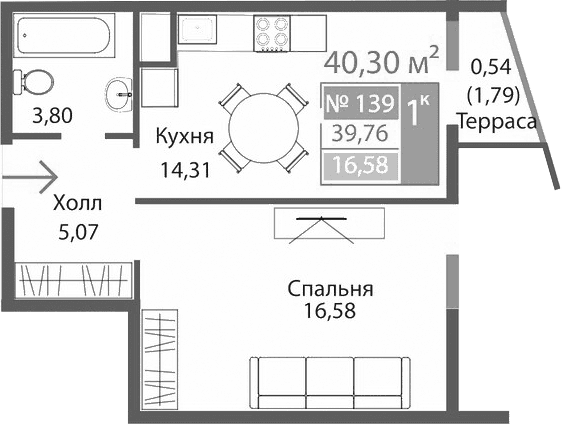 1-комн., 39.76 м²