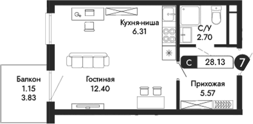 Студия, 26.98 м²