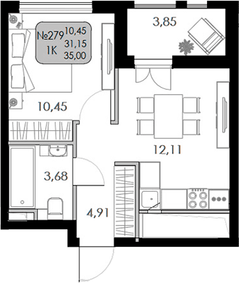 1-комн., 31.15 м²