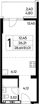 Студия, 28.61 м²