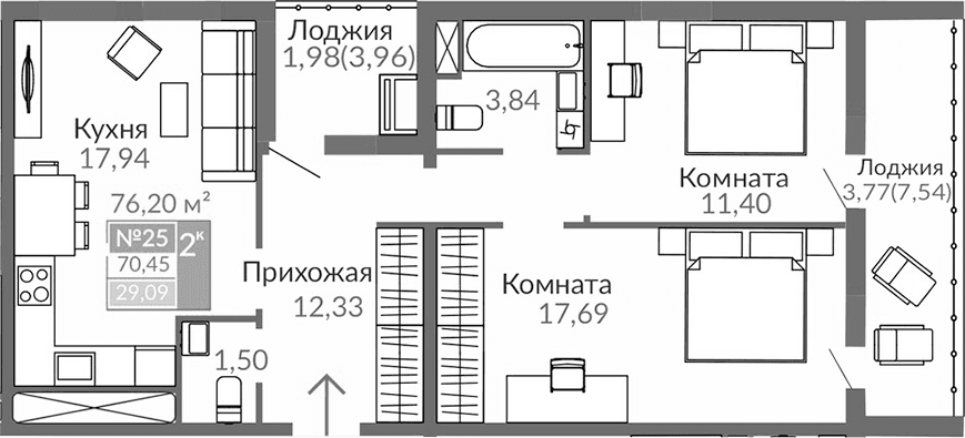 2-комн., 64.7 м²