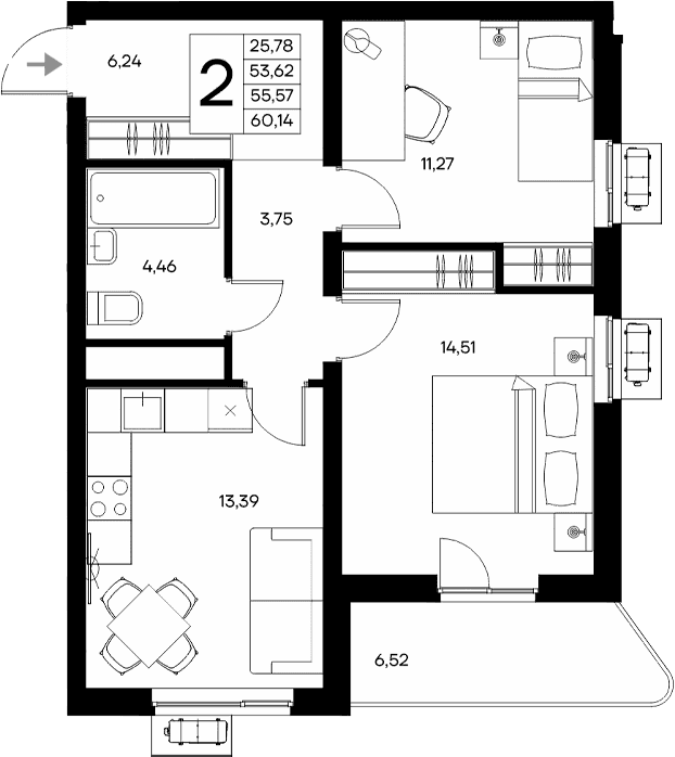 2-комн., 53.62 м²