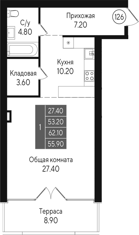 Студия, 53.2 м²