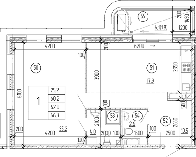 1-комн., 64.5 м²